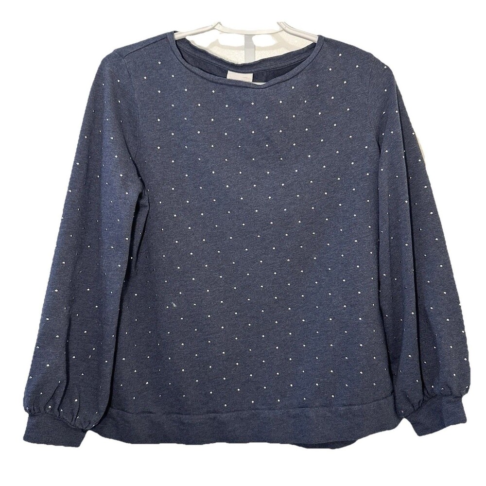 Weekends By Chico’s Blue Rhinestone Stud Sweatshirt Top Size Medium (1) Cotton